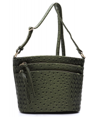 Ostrich Croc Multi Zip Pocket Crossbody Bag OS059 OLIVE